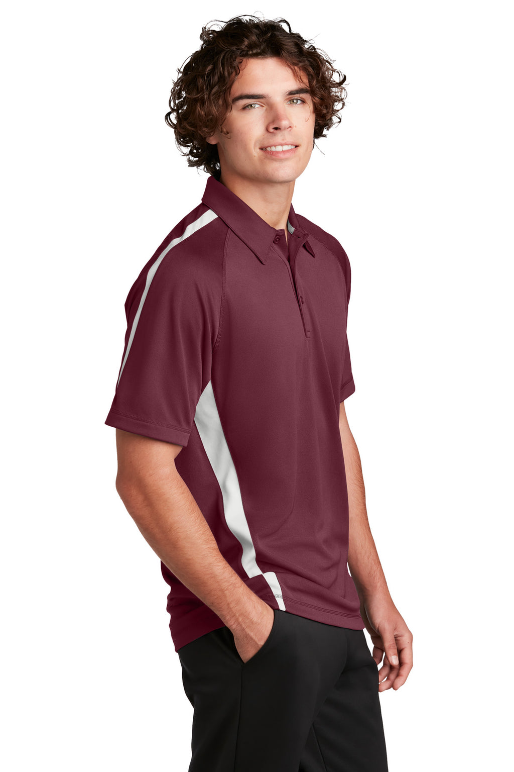 Sport-Tek PosiCharge Micro-Mesh Colorblock Polo. ST685 - Maroon/ White - side