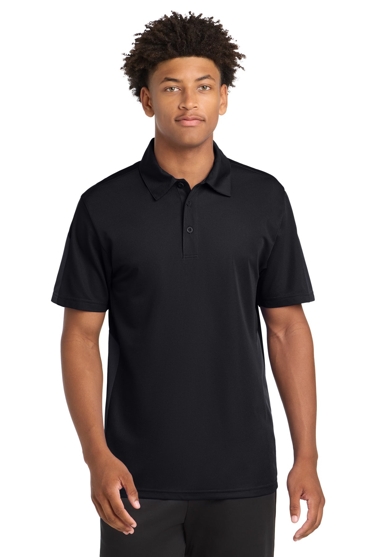 DISCONTINUED Sport-Tek PosiCharge Active Textured Colorblock Polo. ST695 - Black/ Grey - front