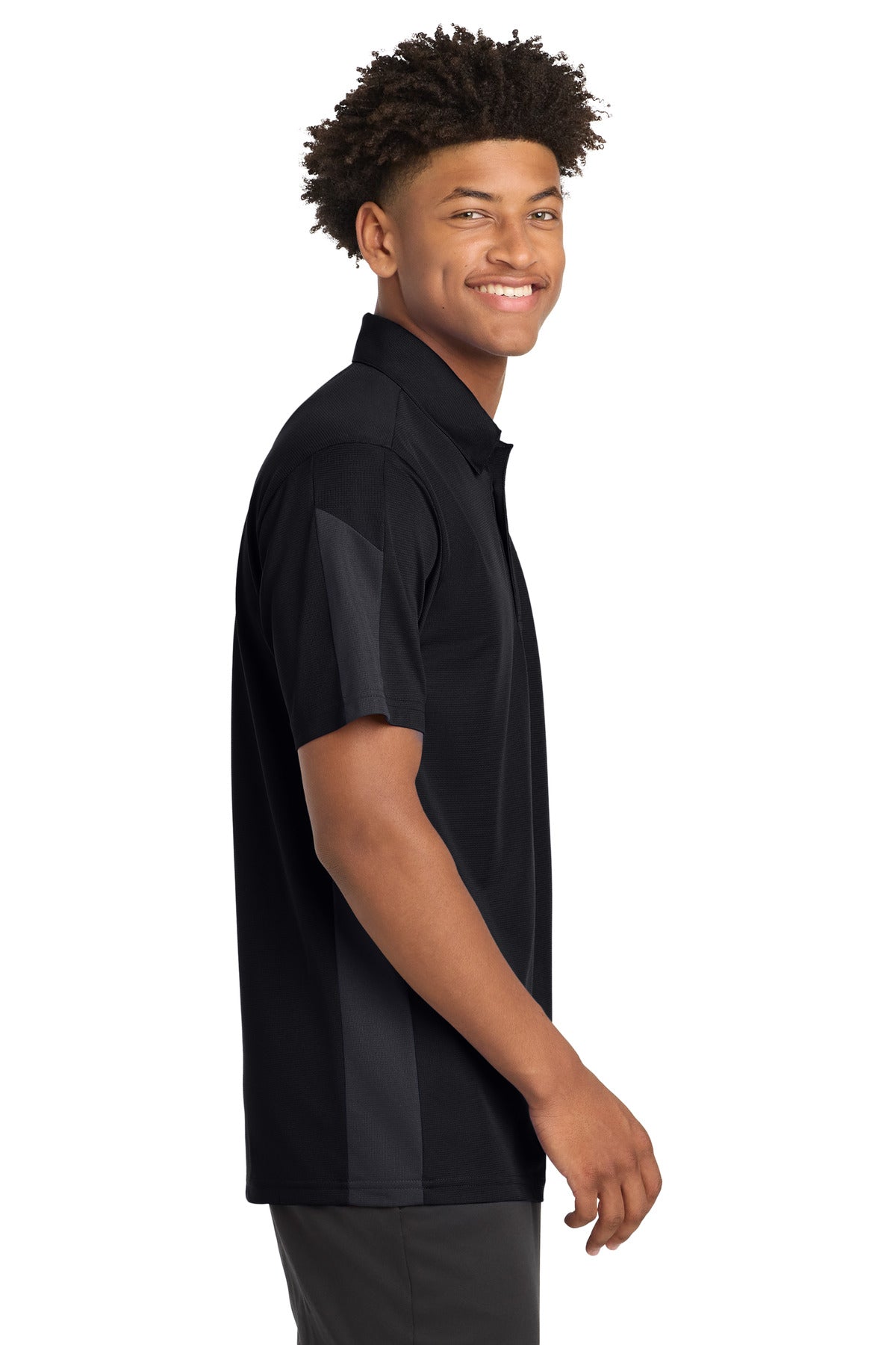 DISCONTINUED Sport-Tek PosiCharge Active Textured Colorblock Polo. ST695 - Black/ Grey - side