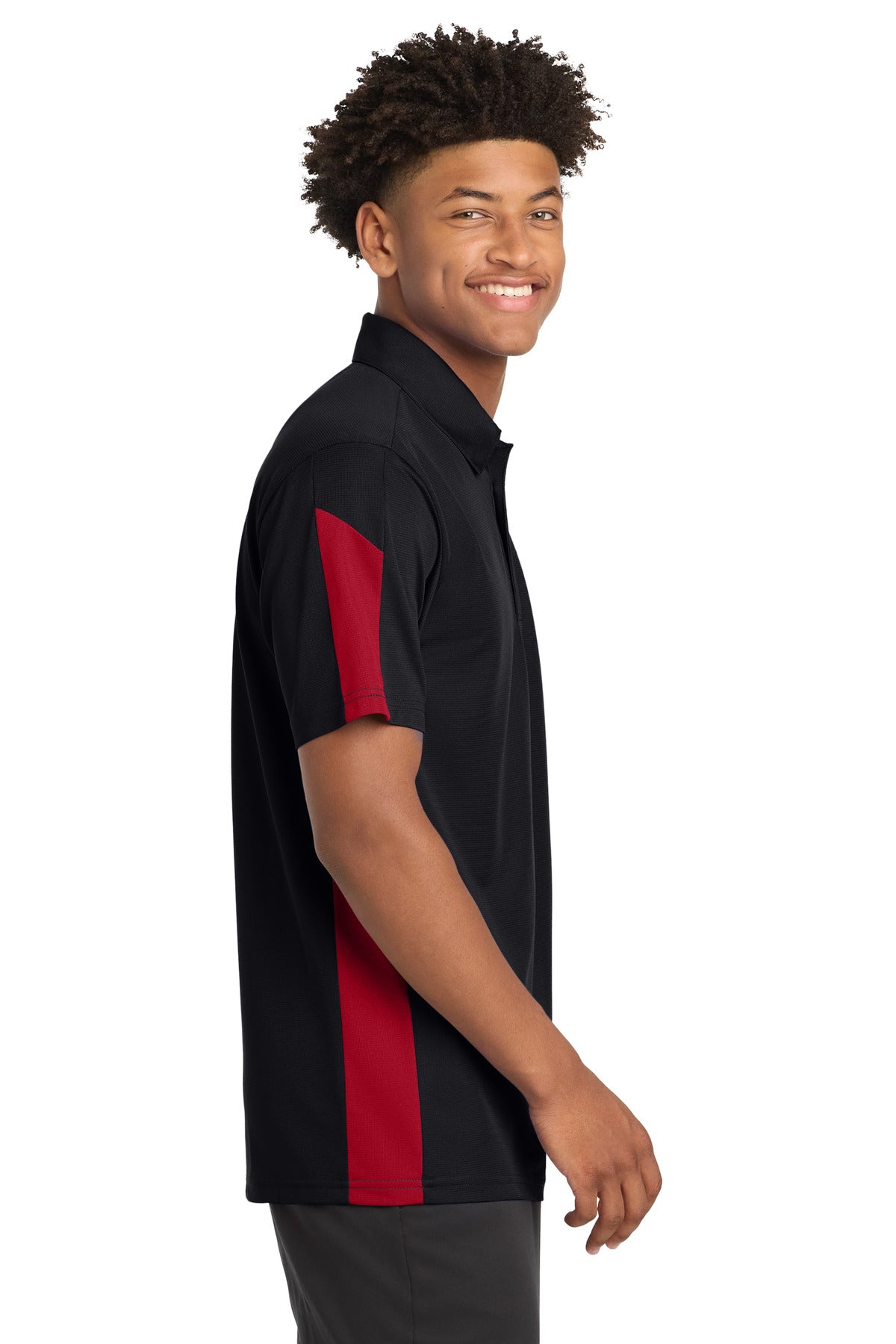 DISCONTINUED Sport-Tek PosiCharge Active Textured Colorblock Polo. ST695 - Black/ True Red - side