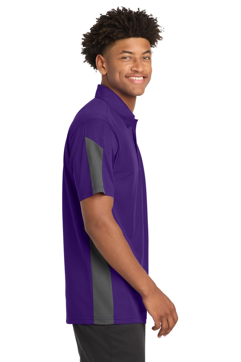 DISCONTINUED Sport-Tek PosiCharge Active Textured Colorblock Polo. ST695 - Purple/ Grey - side