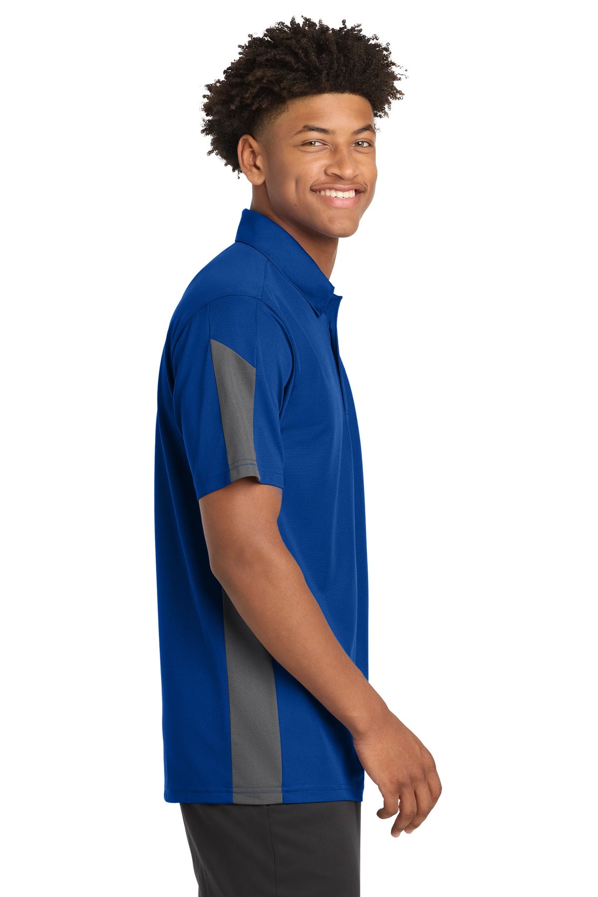 DISCONTINUED Sport-Tek PosiCharge Active Textured Colorblock Polo. ST695 - True Royal/ Grey - side
