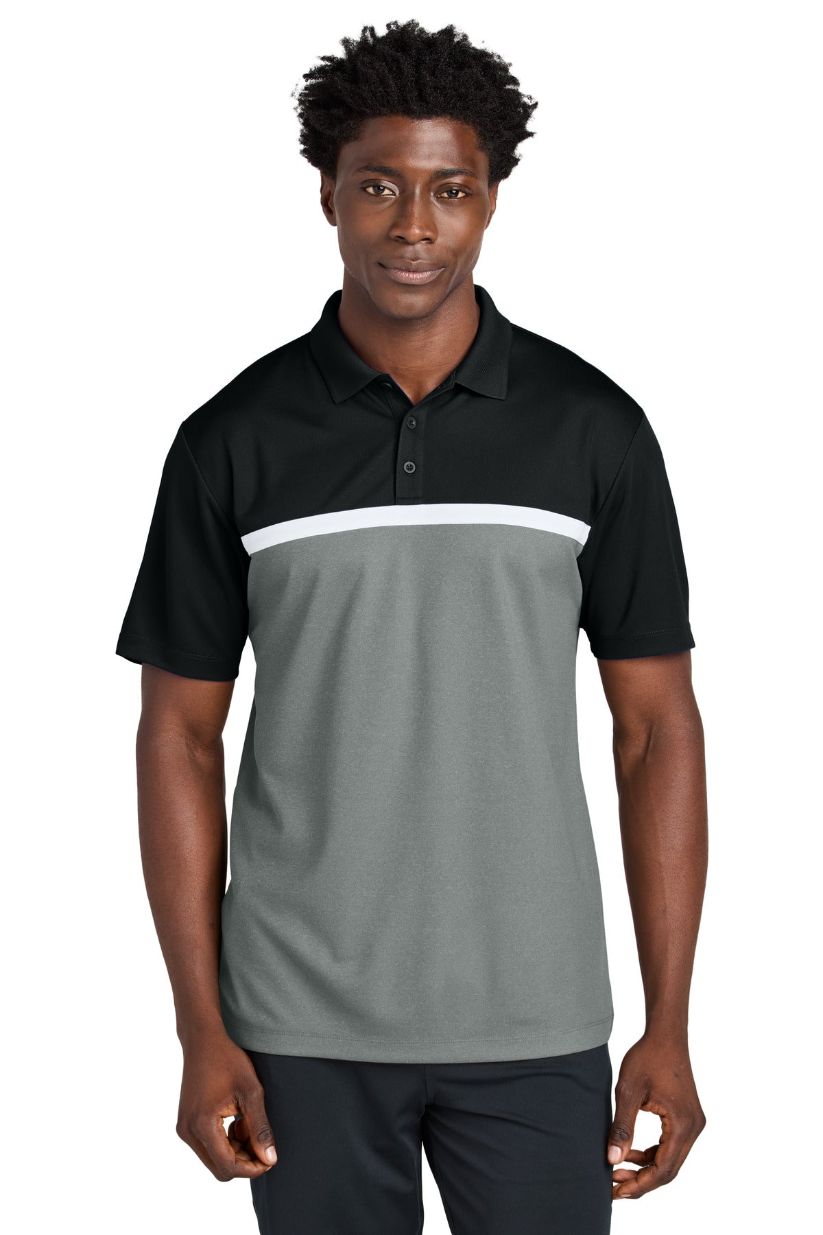 Sport-Tek UV Micropique Colorblock Polo ST741 - Black/ Grey Concrete Heather/ White - front