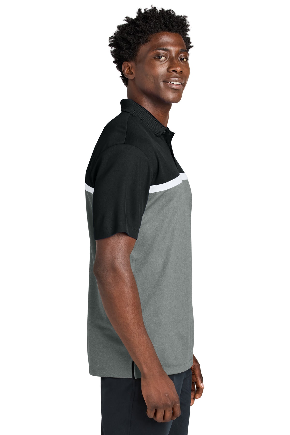 Sport-Tek UV Micropique Colorblock Polo ST741 - Black/ Grey Concrete Heather/ White - side