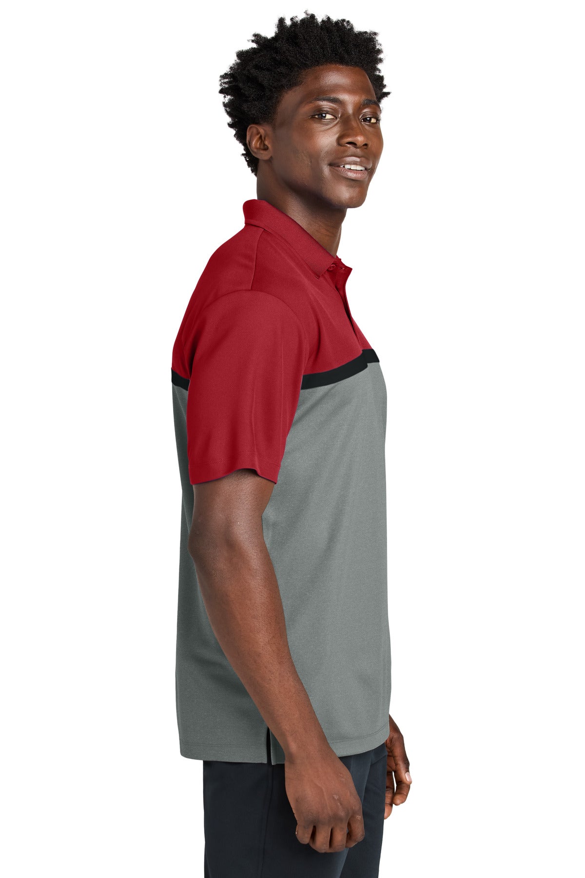 Sport-Tek UV Micropique Colorblock Polo ST741 - Deep Red/ Grey Concrete Heather/ Black - side