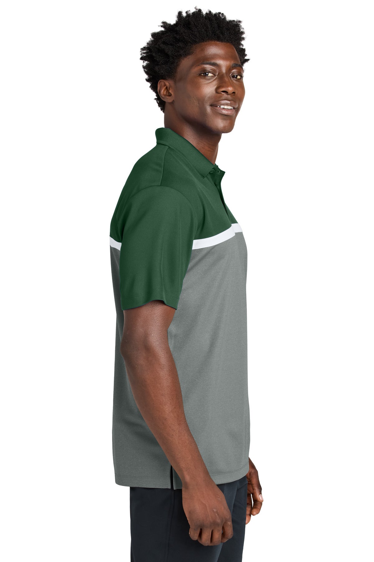 Sport-Tek UV Micropique Colorblock Polo ST741 - Forest Green/ Grey Concrete Heather/ White - side