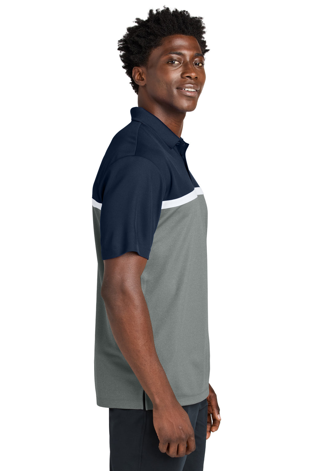 Sport-Tek UV Micropique Colorblock Polo ST741 - True Navy/ Grey Concrete Heather/ White - side