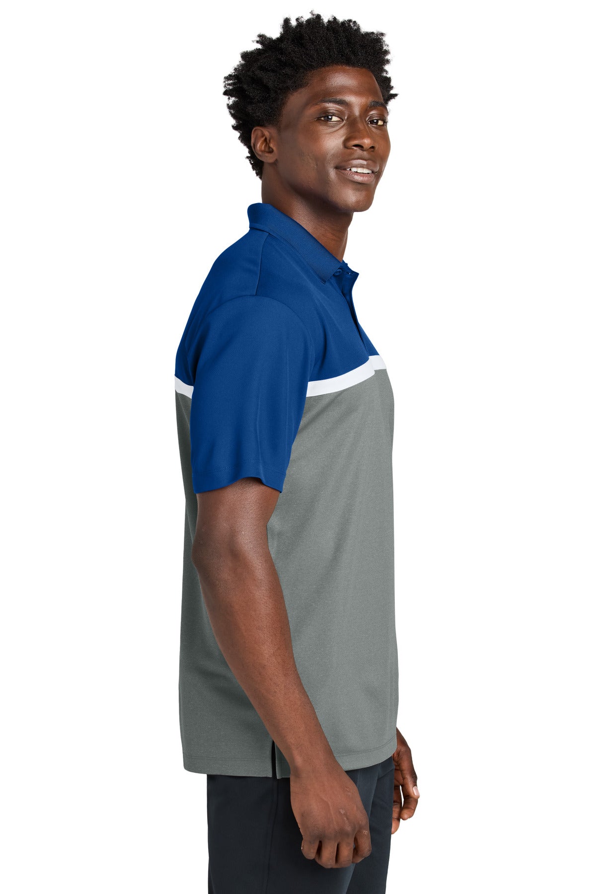Sport-Tek UV Micropique Colorblock Polo ST741 - True Royal/ Grey Concrete Heather/ White - side