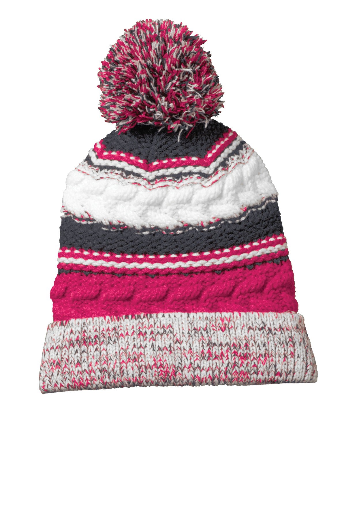 Sport-Tek Pom Pom Team Beanie. STC21 - Pink Raspberry/ Iron Grey/ White - front