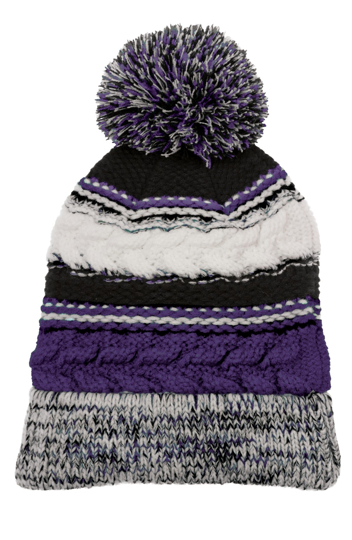 Sport-Tek Pom Pom Team Beanie. STC21 - Purple/ Black/ White - front