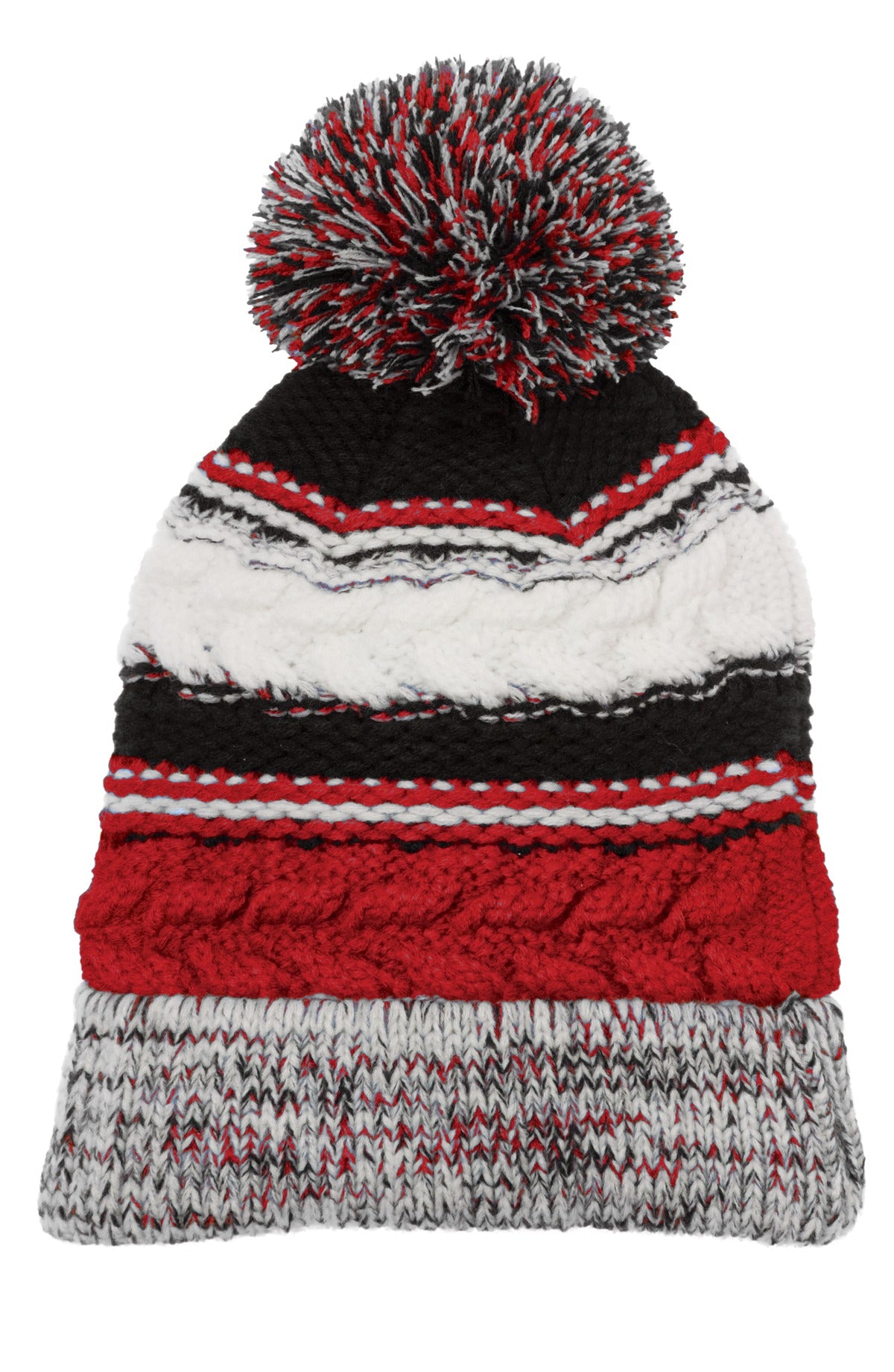 Sport-Tek Pom Pom Team Beanie. STC21 - True Red/ Black/ White - front
