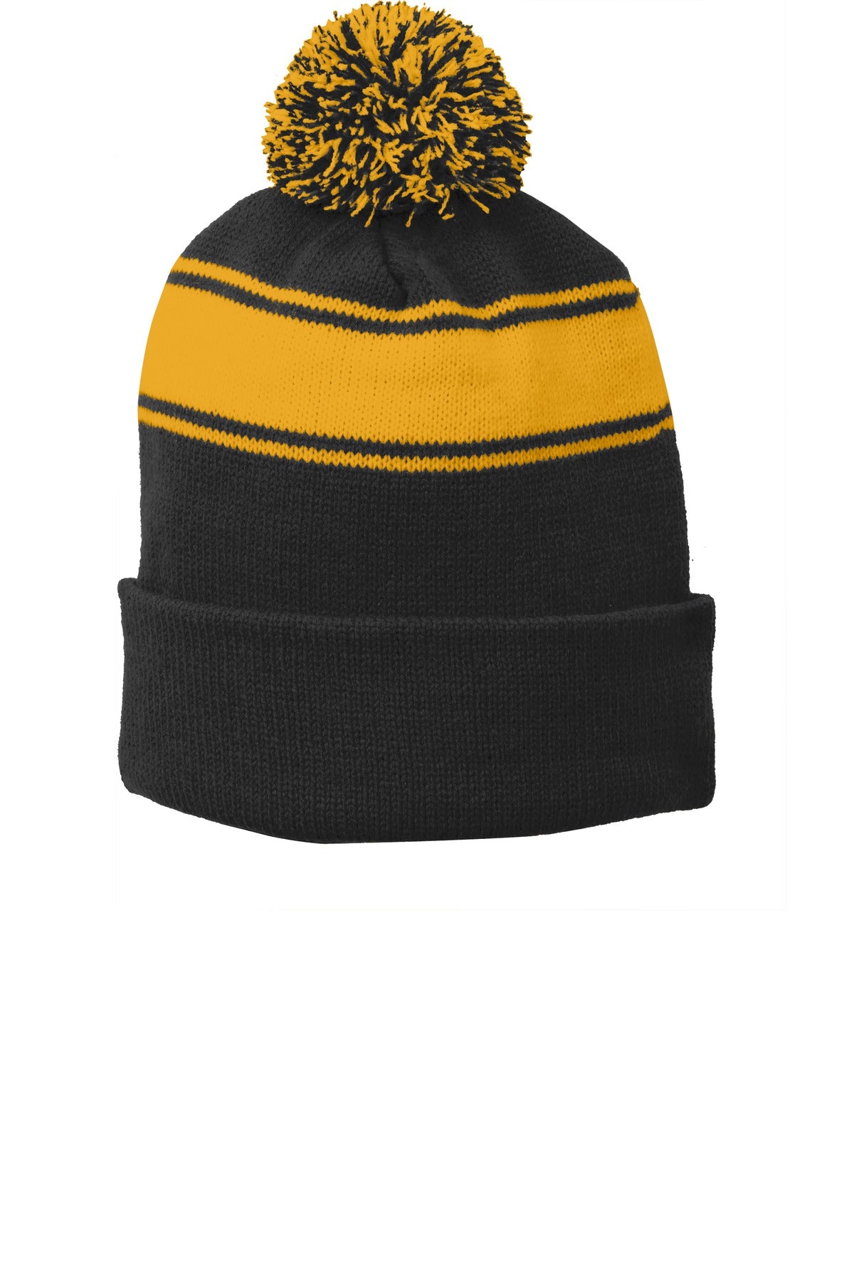 Sport-Tek Stripe Pom Pom Beanie. STC28 - Black/ Gold - front