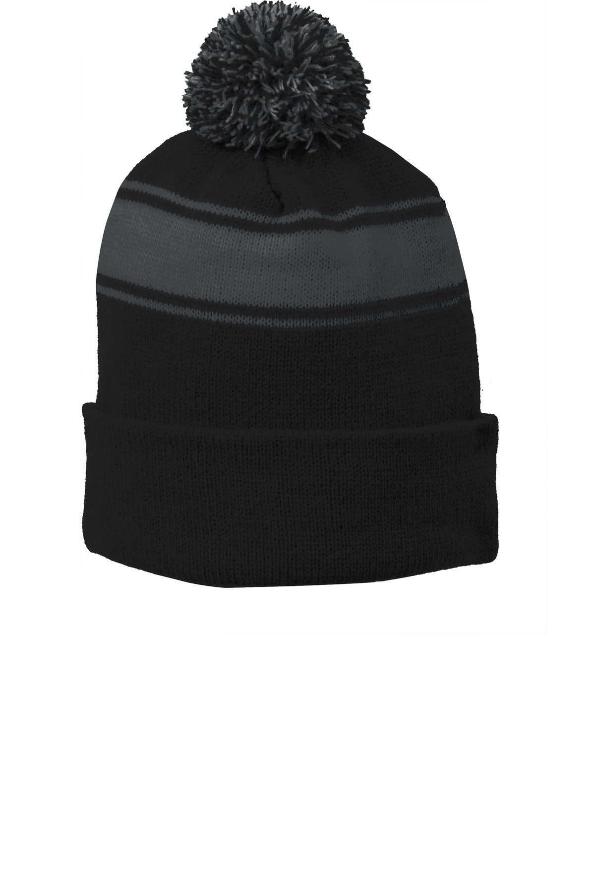 Sport-Tek Stripe Pom Pom Beanie. STC28 - Black/ Iron Grey - front
