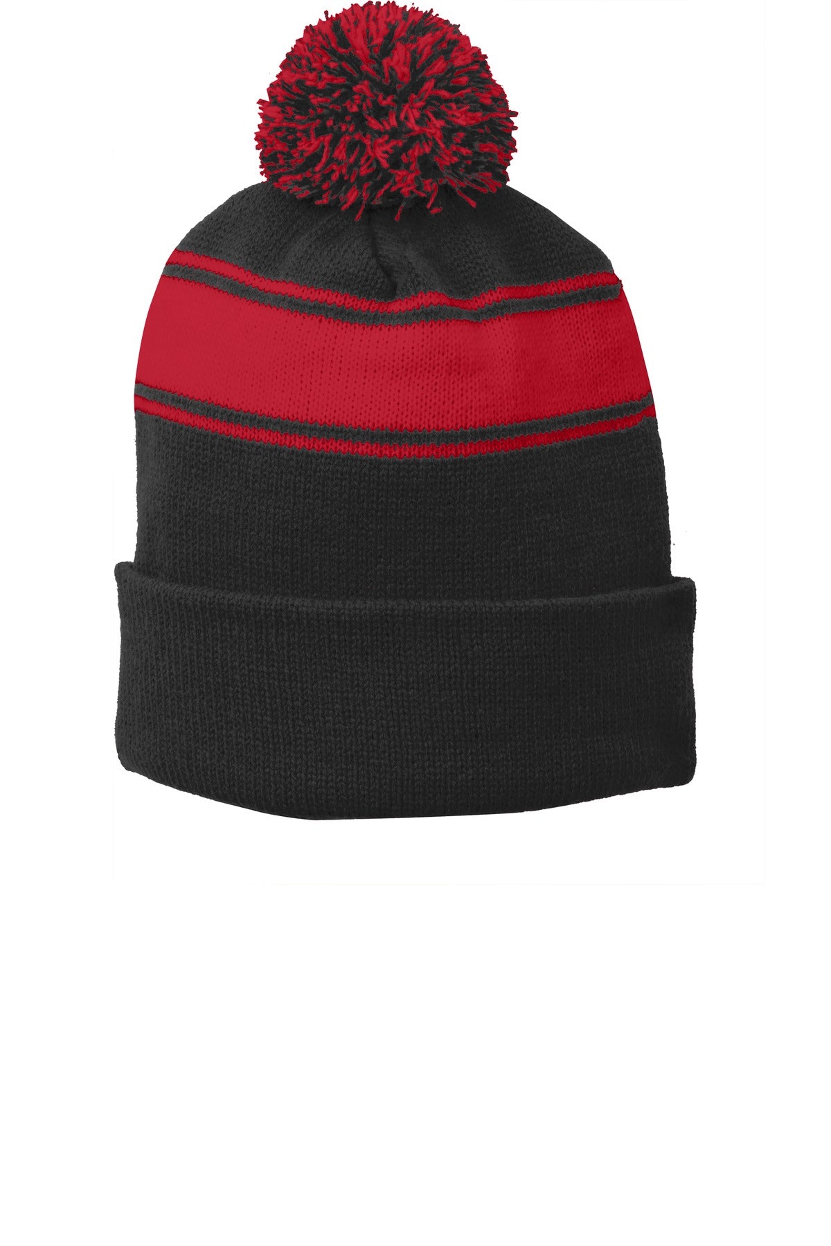 Sport-Tek Stripe Pom Pom Beanie. STC28 - Black/ True Red - front