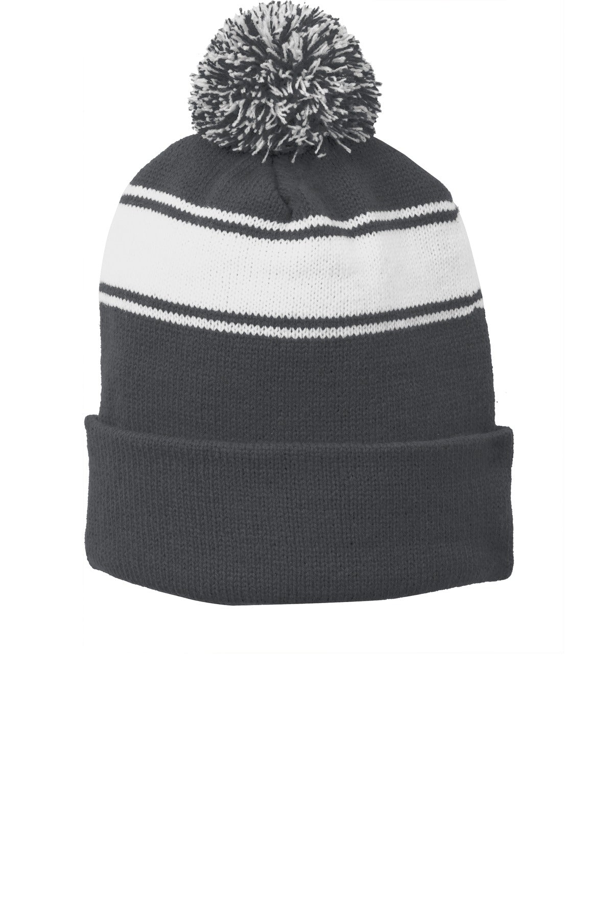 Sport-Tek Stripe Pom Pom Beanie. STC28 - Iron Grey/ White - front