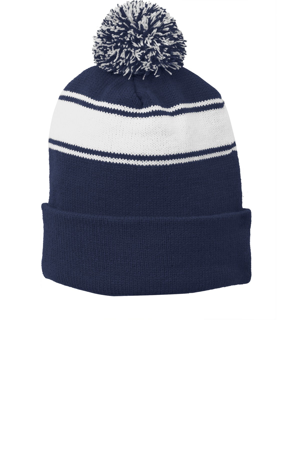 Sport-Tek Stripe Pom Pom Beanie. STC28 - True Navy/ White - front