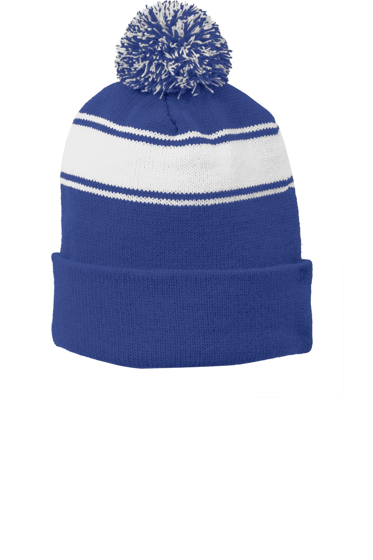Sport-Tek Stripe Pom Pom Beanie. STC28 - True Royal/ White - front