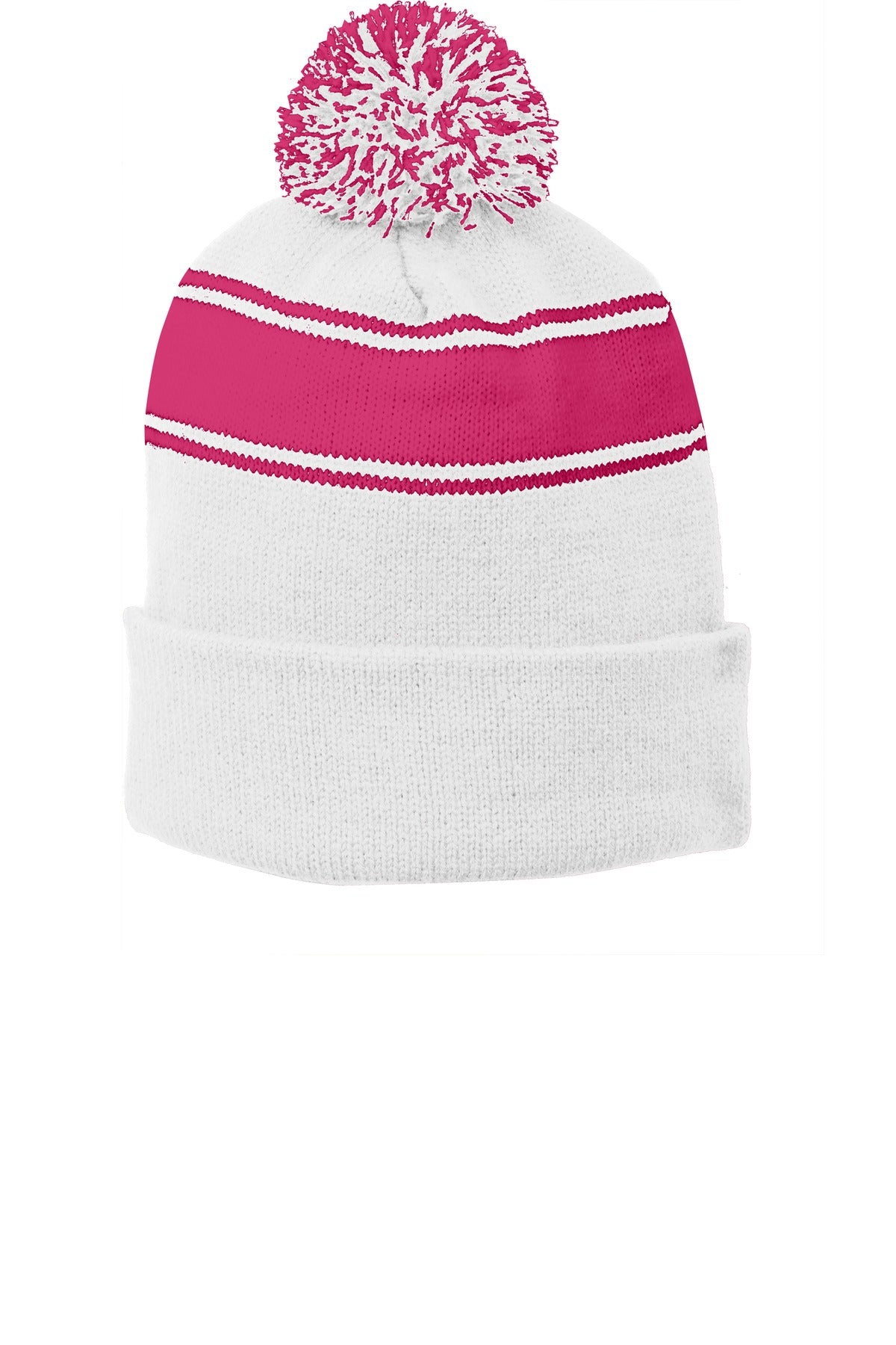 Sport-Tek Stripe Pom Pom Beanie. STC28 - White/ Pink Raspberry - front