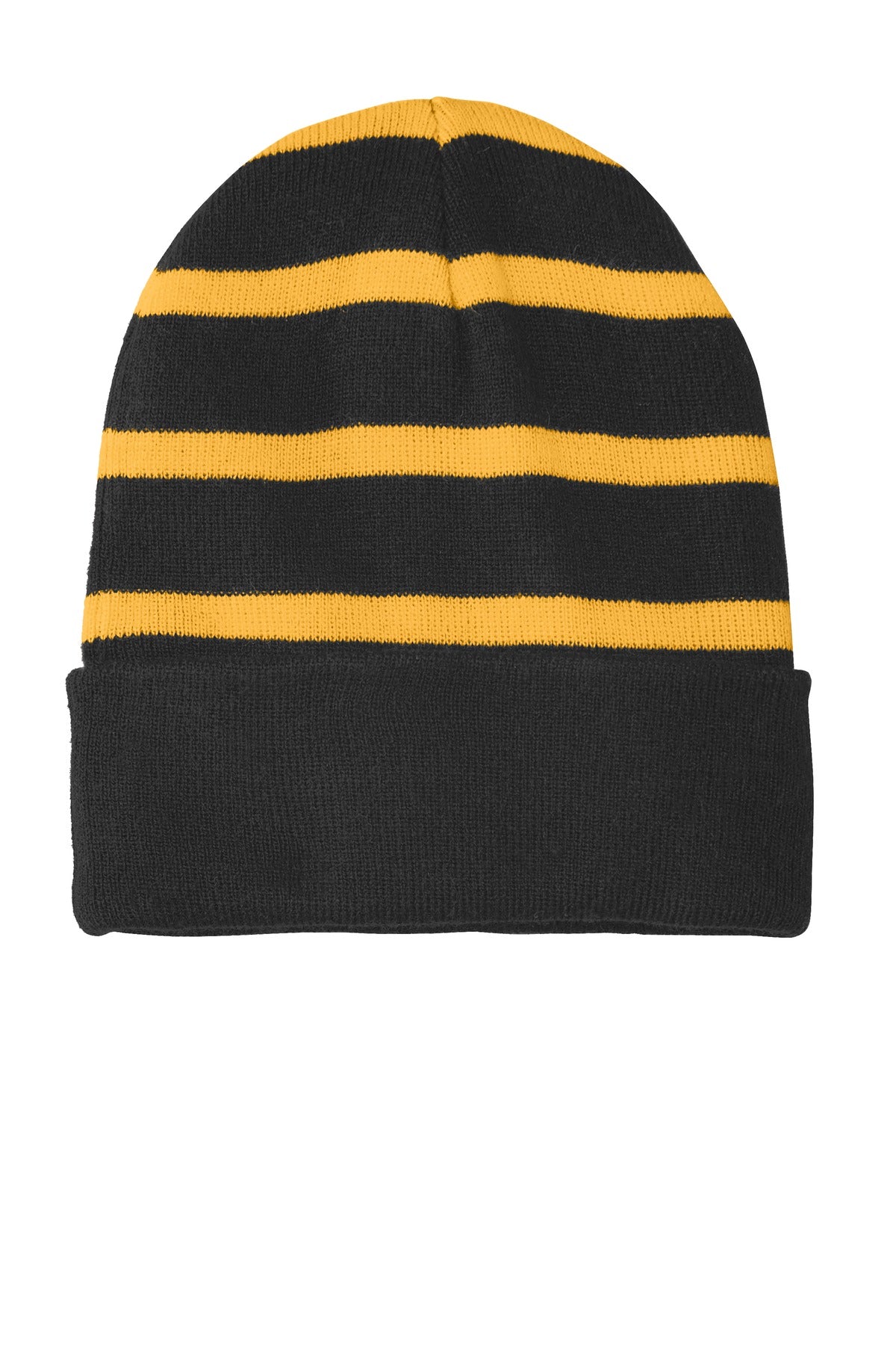 DISCONTINUED Sport-Tek Striped Beanie with Solid Band. STC31 - Black/ Gold - front