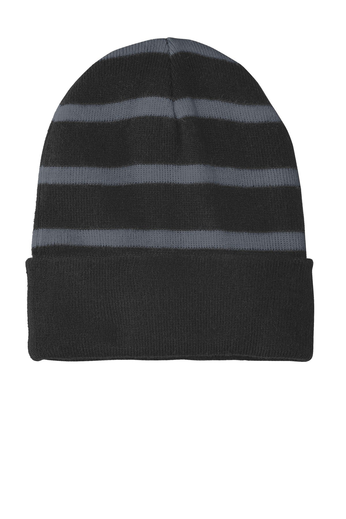 DISCONTINUED Sport-Tek Striped Beanie with Solid Band. STC31 - Black/ Iron Grey - front