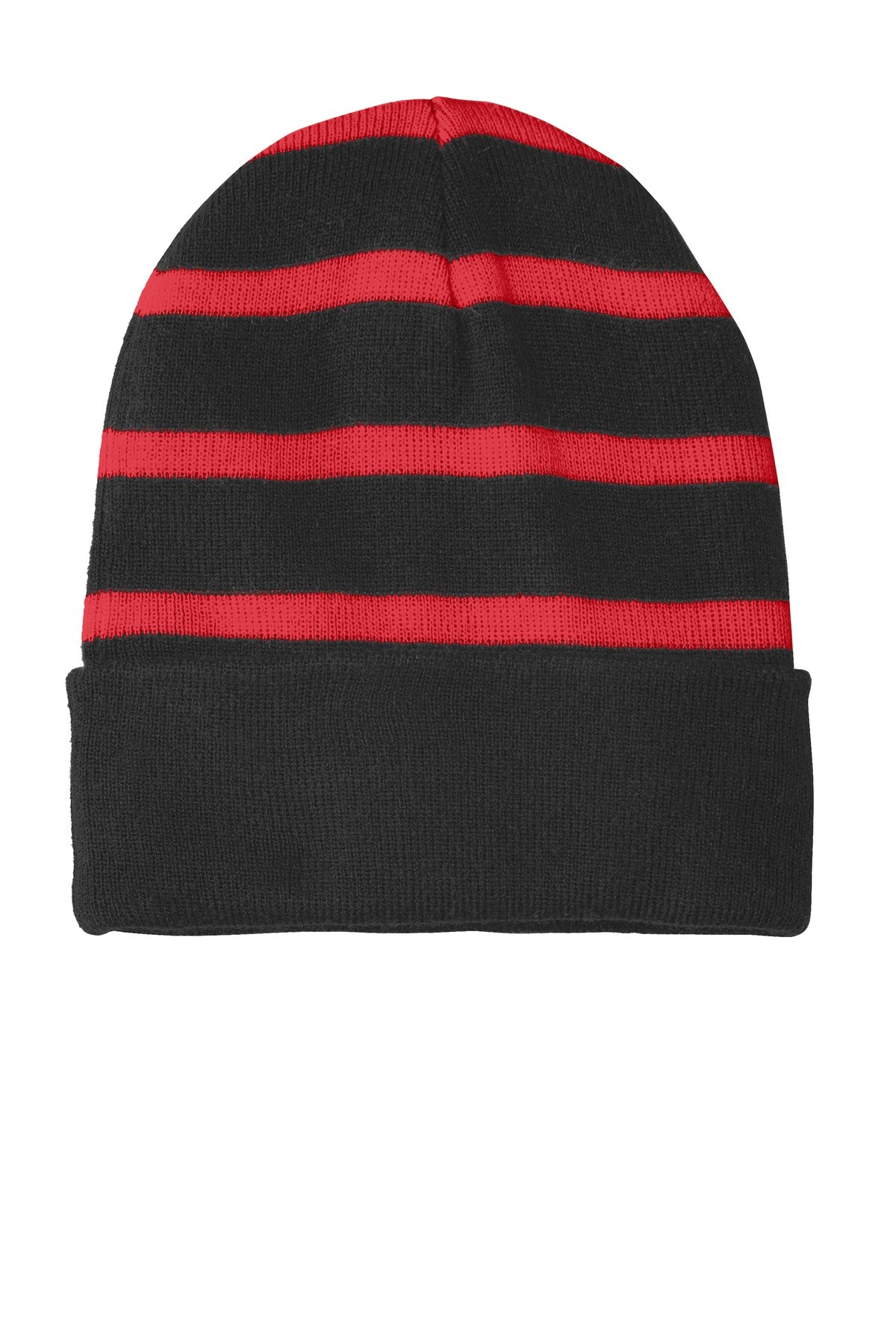 DISCONTINUED Sport-Tek Striped Beanie with Solid Band. STC31 - Black/ True Red - front