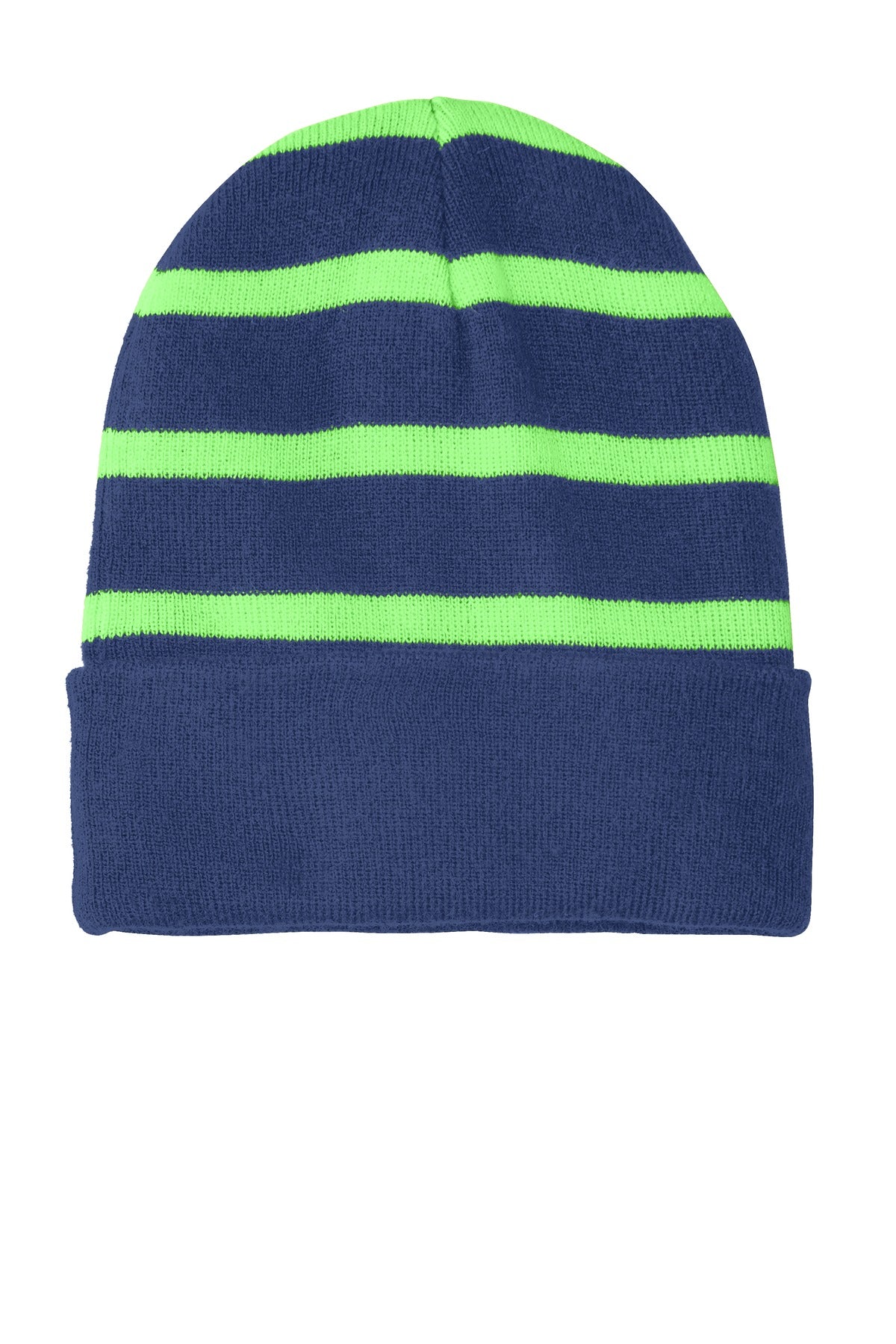DISCONTINUED Sport-Tek Striped Beanie with Solid Band. STC31 - Team Navy/ Flash Green - front