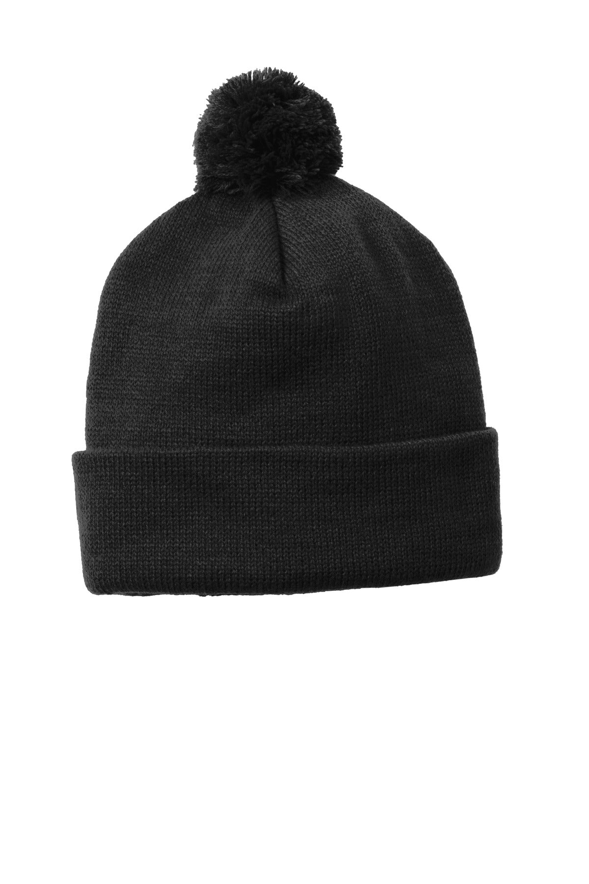 Sport-Tek Solid Pom Pom Beanie. STC37 - Black - front