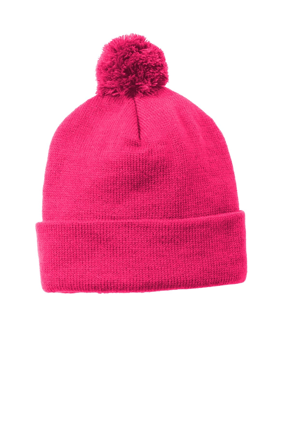 Sport-Tek Solid Pom Pom Beanie. STC37 - Pink Raspberry - front