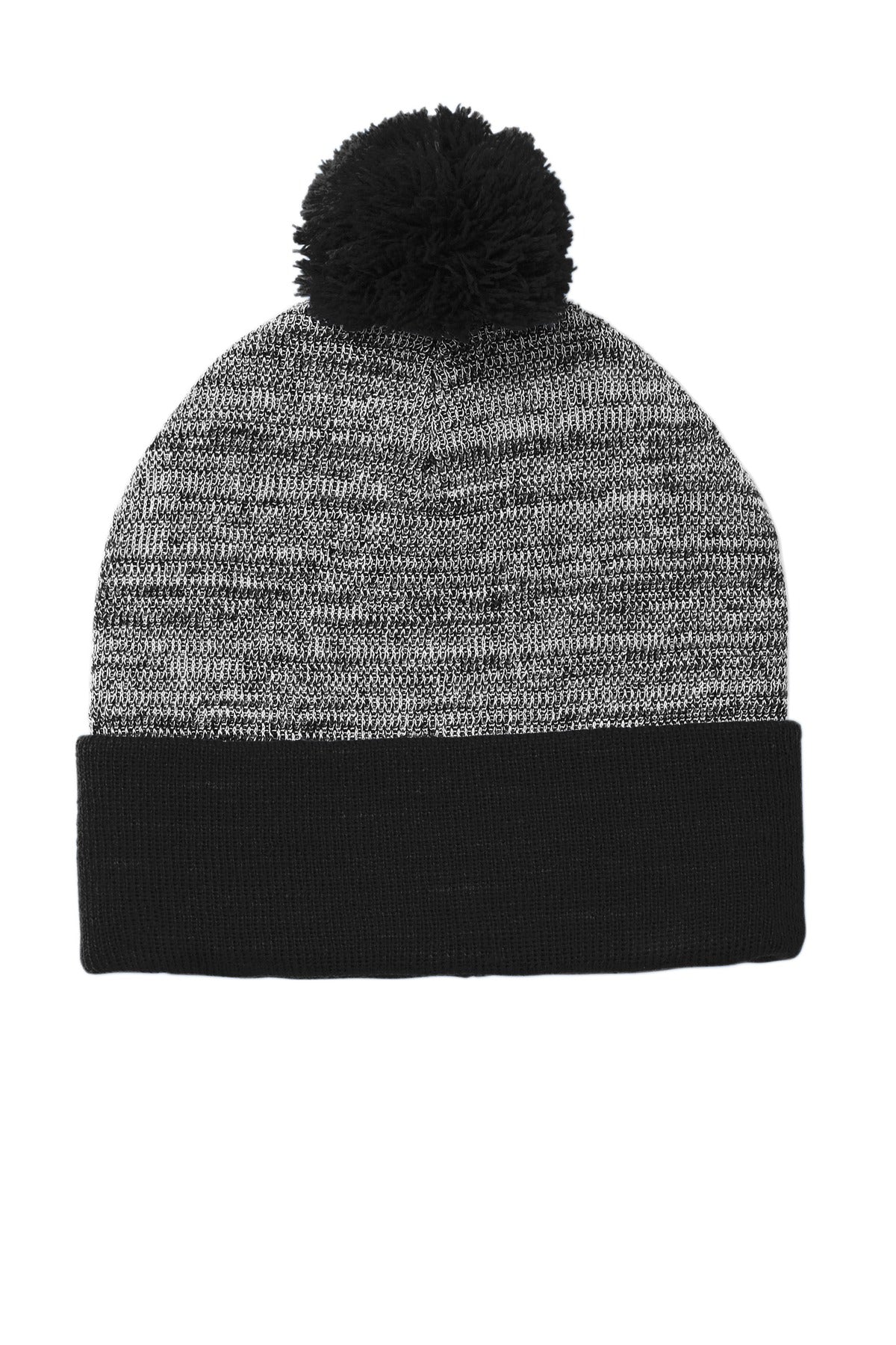DISCONTINUED Sport-Tek Heather Pom Pom Beanie STC41 - Black/ Grey Heather - front