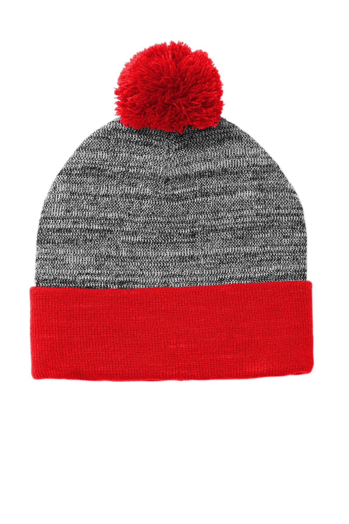 DISCONTINUED Sport-Tek Heather Pom Pom Beanie STC41 - True Red/ Grey Heather - front