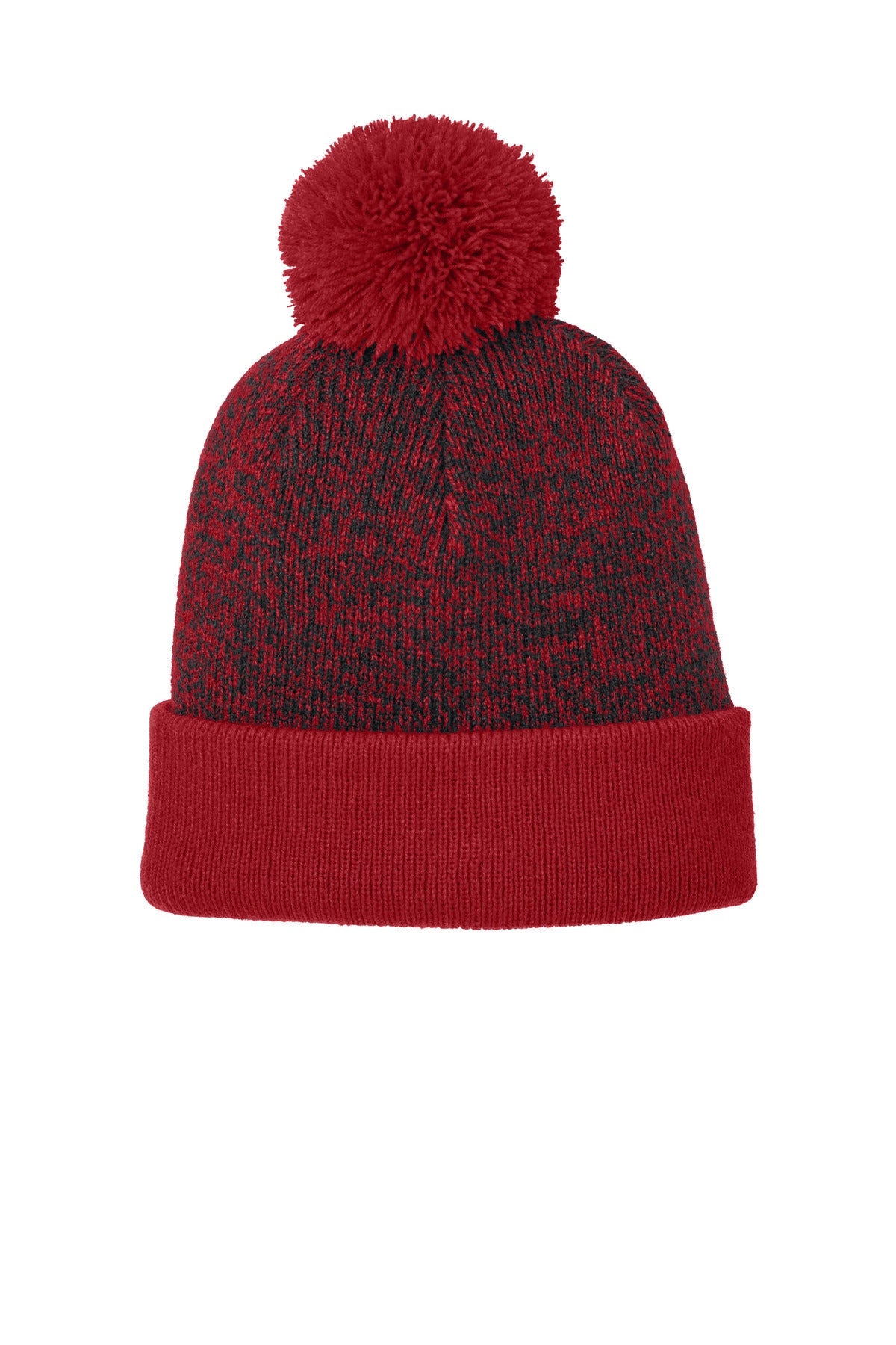 Sport-Tek Halftime Heather Pom Beanie STC68 - Deep Red/ Black - front