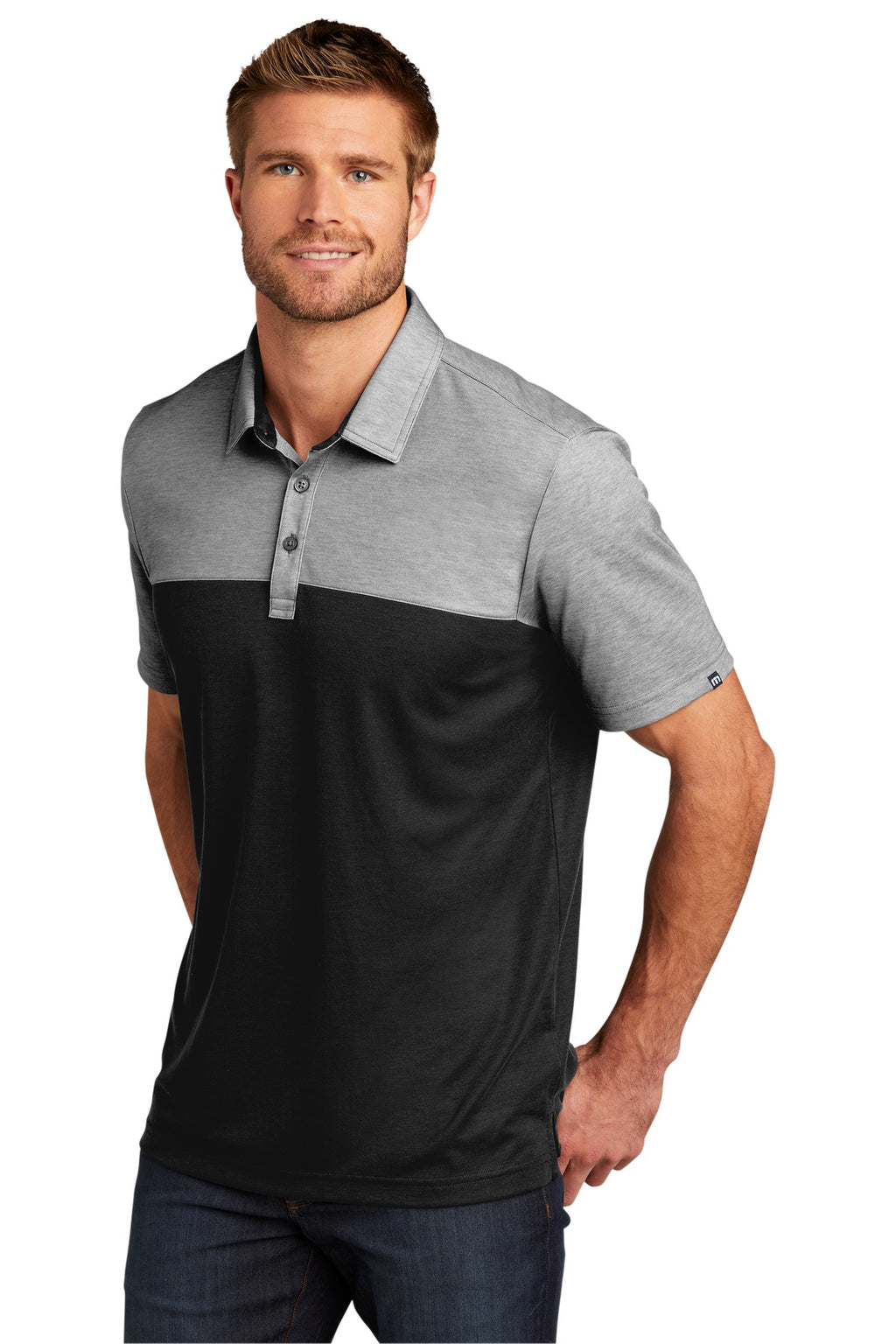 TravisMathew Oceanside Blocked Polo. TM1MU414 - Black Heather/ Black - three_q