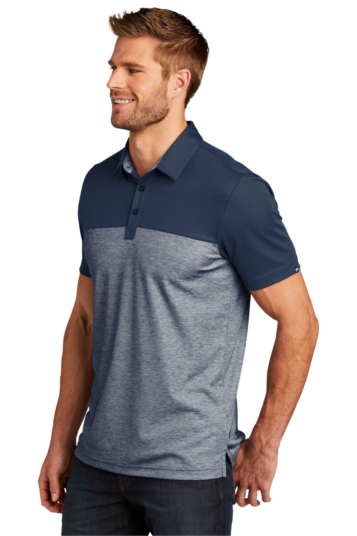 TravisMathew Oceanside Blocked Polo. TM1MU414 - Blue Nights/ Blue Nights Heather - three_q
