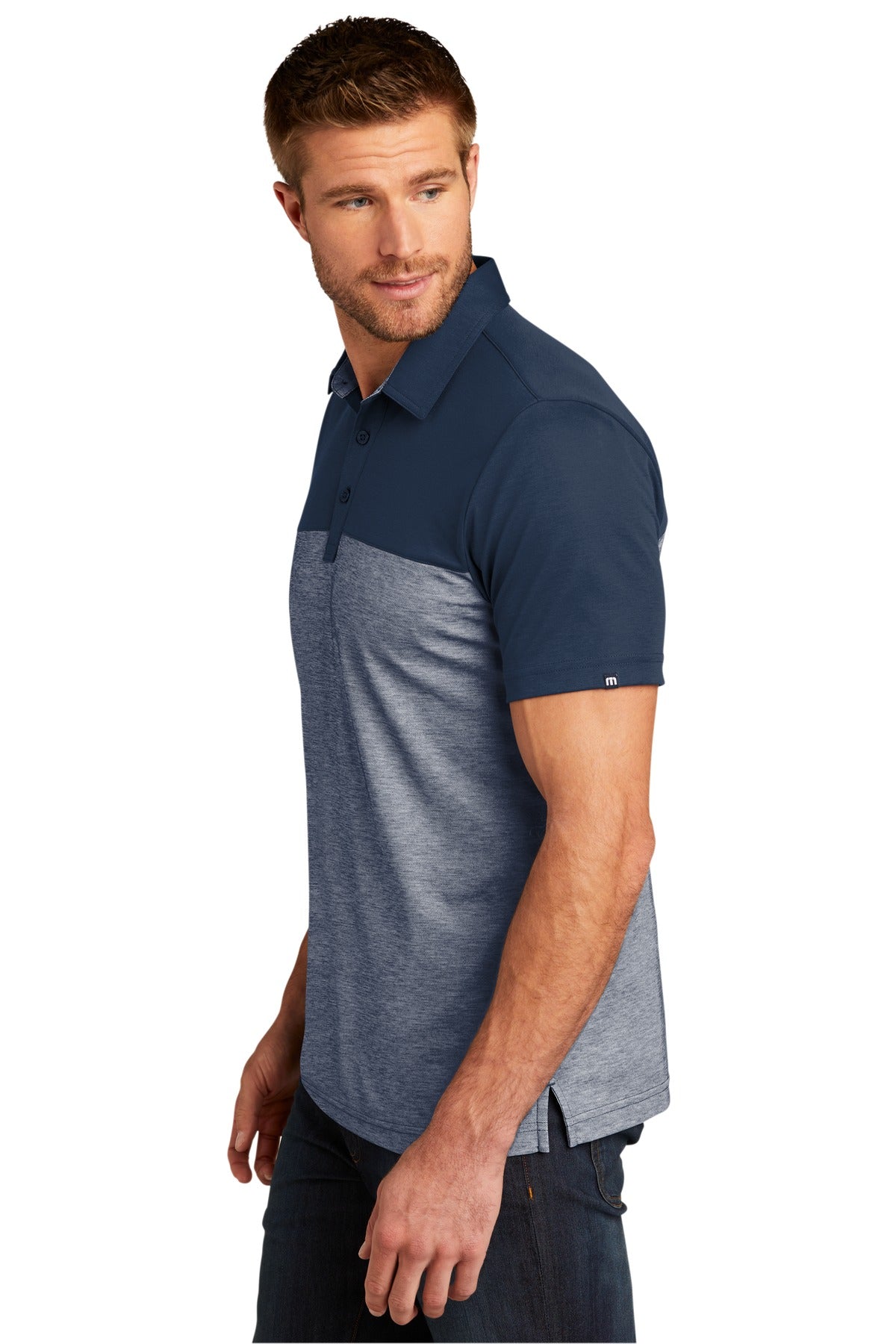 TravisMathew Oceanside Blocked Polo. TM1MU414 - Blue Nights/ Blue Nights Heather - side