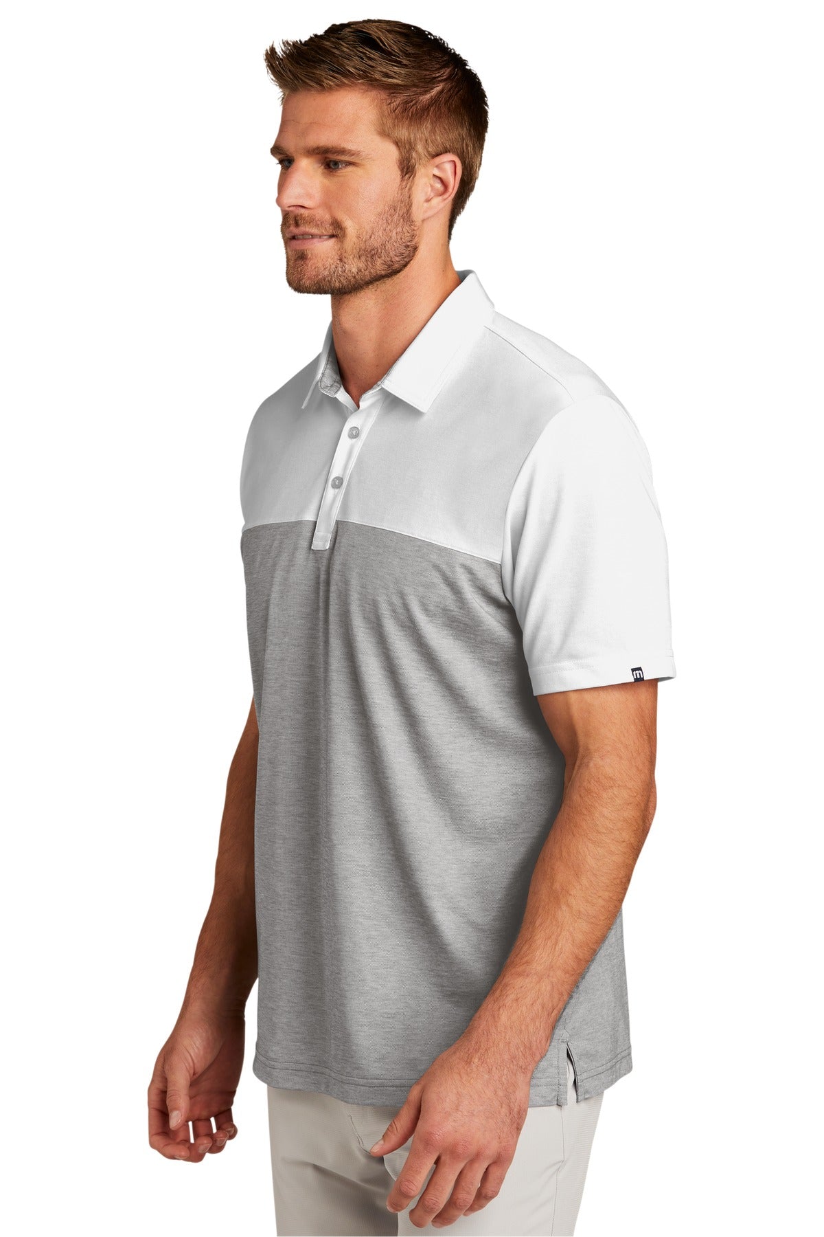 TravisMathew Oceanside Blocked Polo. TM1MU414 - White/ Quiet Shade Grey Heather - three_q