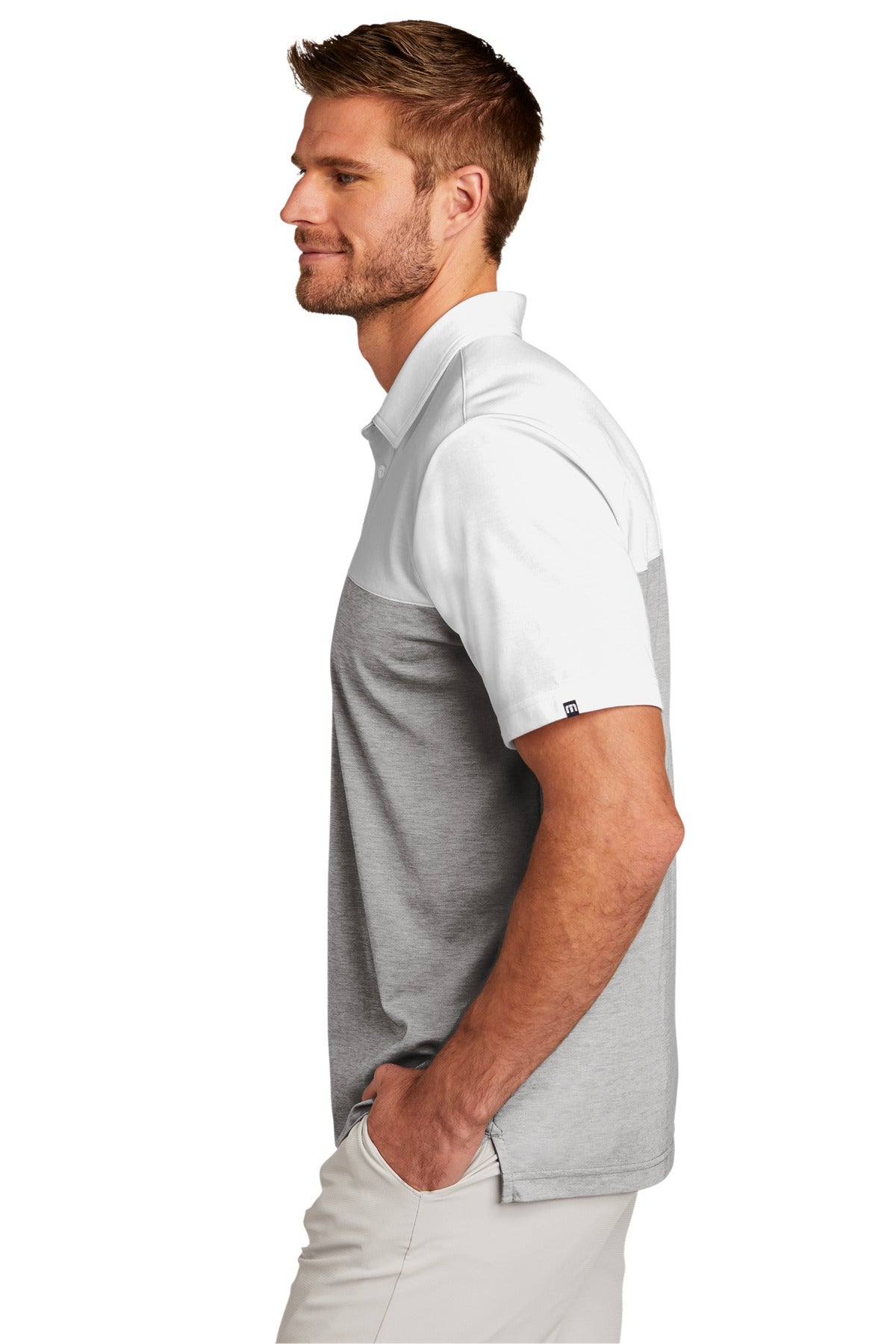 TravisMathew Oceanside Blocked Polo. TM1MU414 - White/ Quiet Shade Grey Heather - side