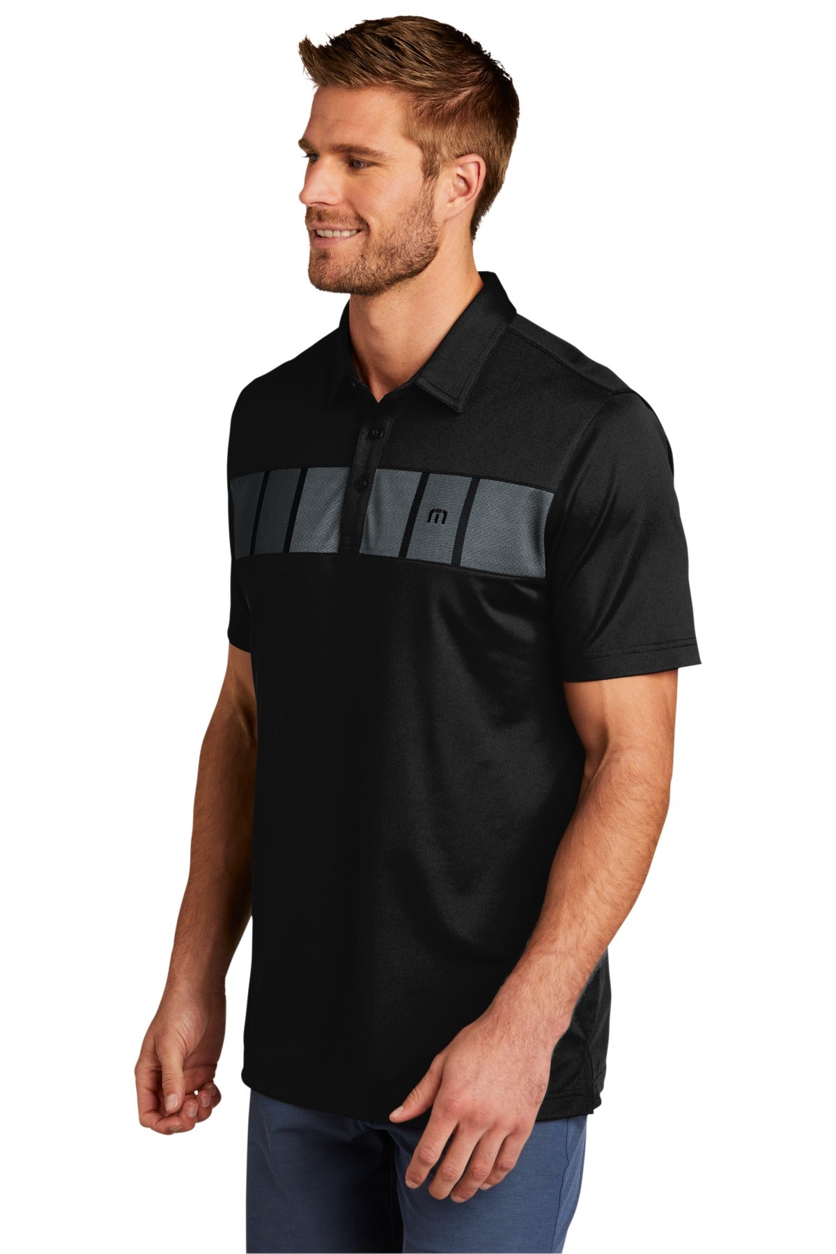 TravisMathew Cabana Chest Stripe Polo. TM1MU416 - Black - three_q