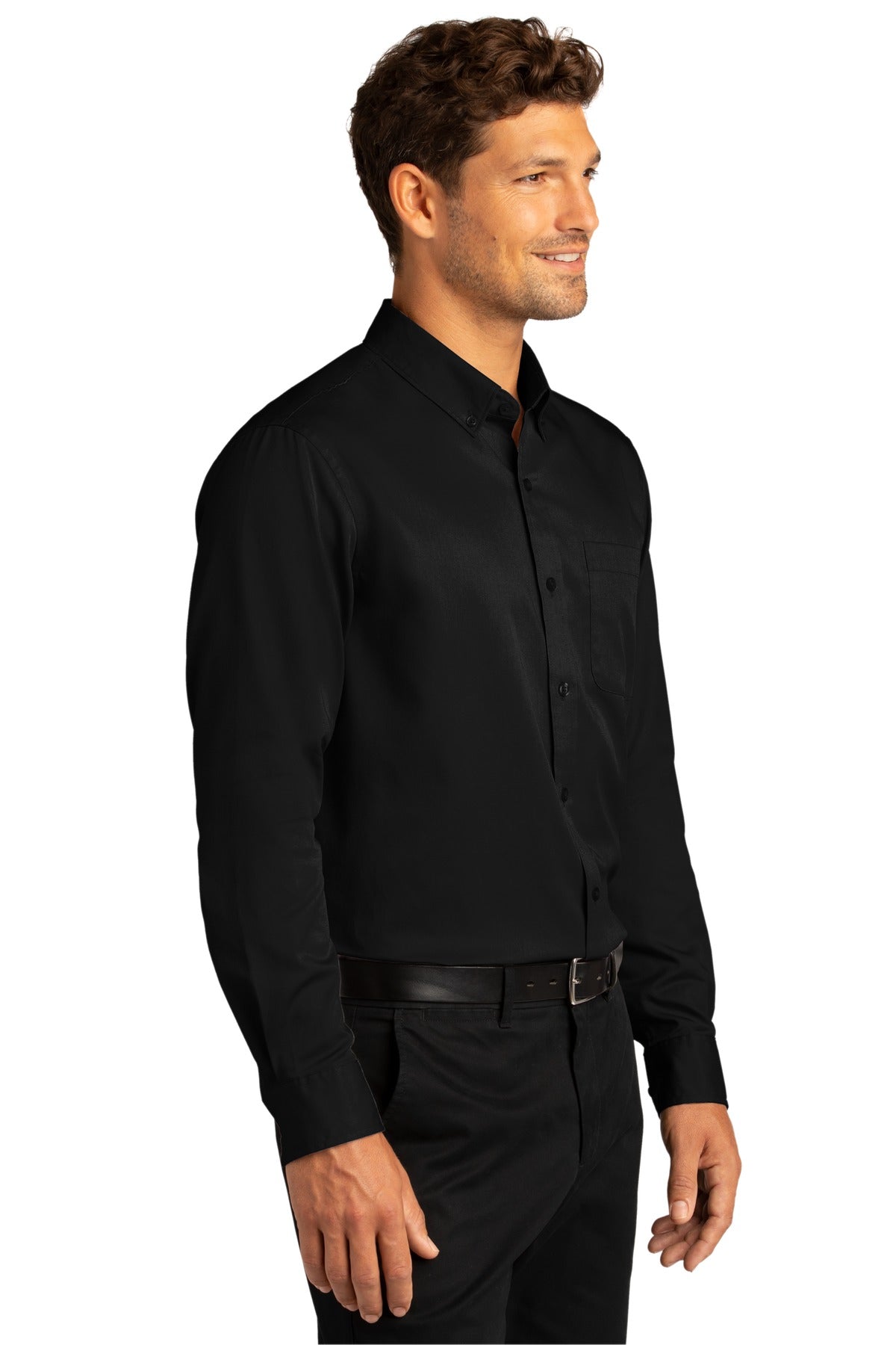 Port Authority Long Sleeve SuperPro React Twill Shirt. W808 - Deep Black - three_q