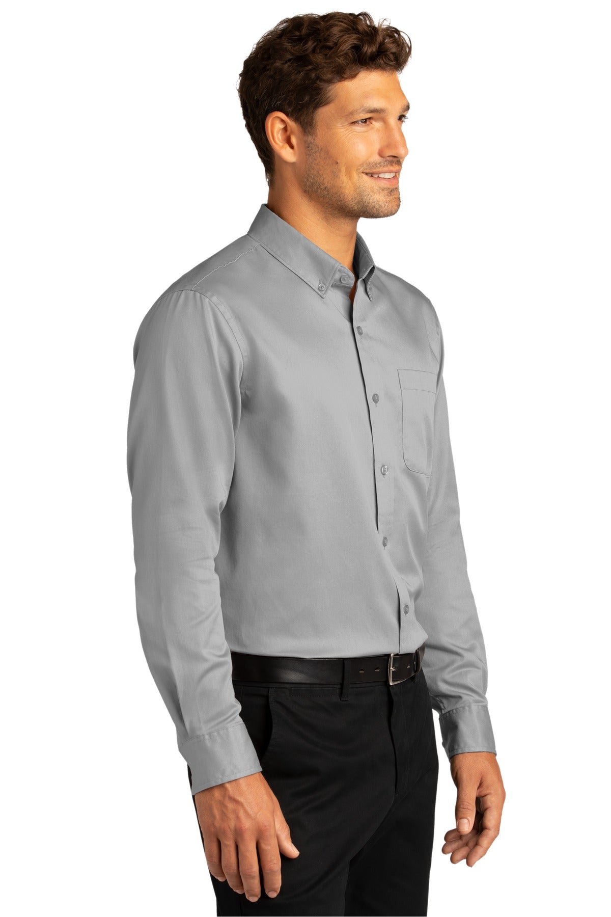 Port Authority Long Sleeve SuperPro React Twill Shirt. W808 - Gusty Grey - three_q