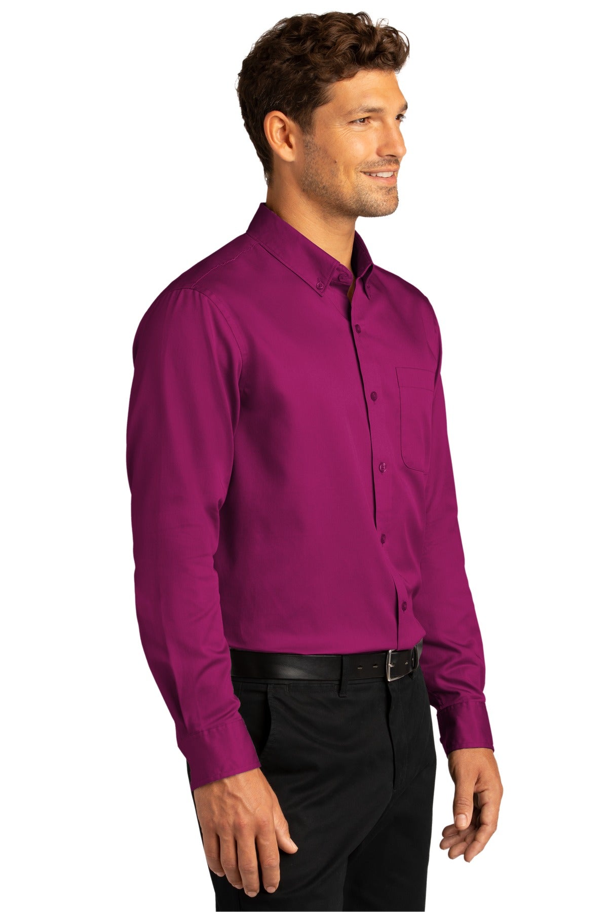 Port Authority Long Sleeve SuperPro React Twill Shirt. W808 - Wild Berry - three_q