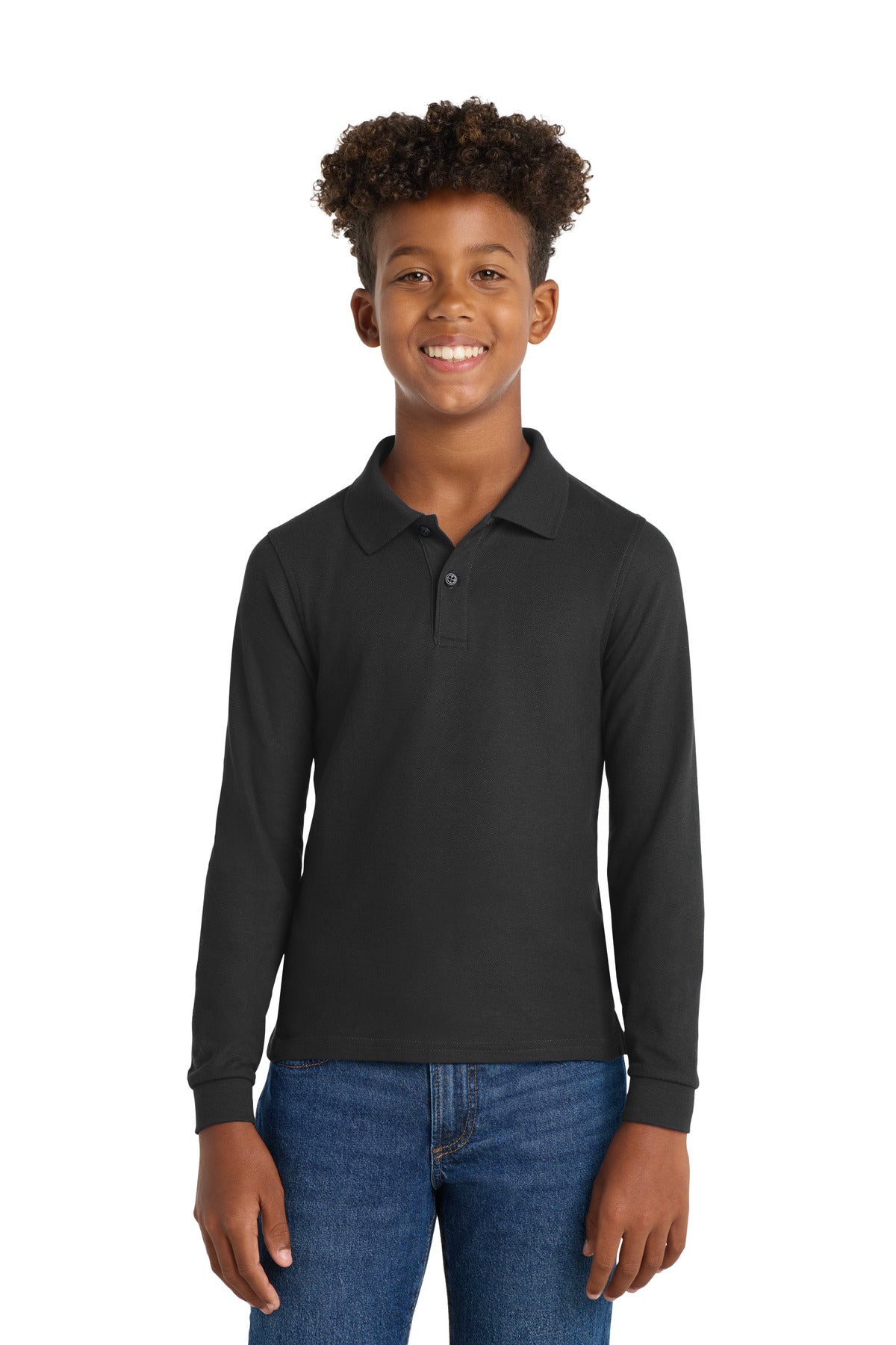 Port Authority Youth Long Sleeve Silk Touch Polo. Y500LS - Black - front