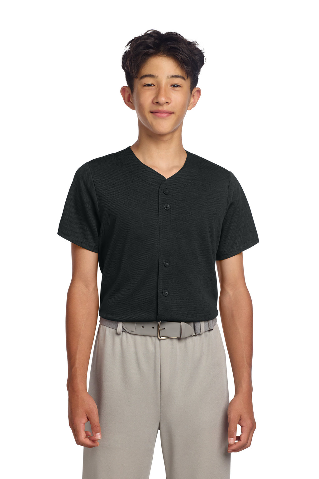Sport-Tek Youth PosiCharge Tough Mesh Full-Button Jersey YST220 - Black - front