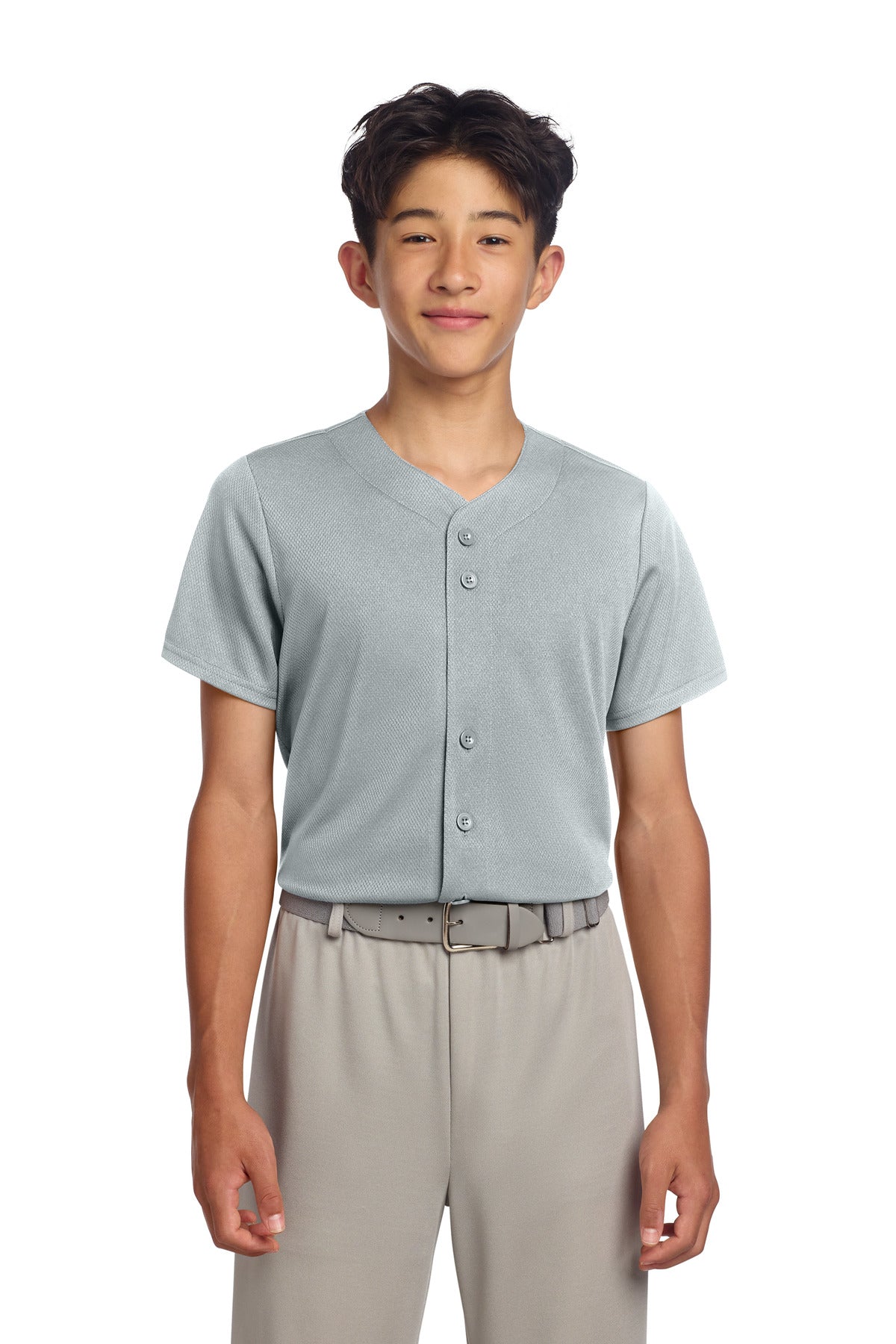 Sport-Tek Youth PosiCharge Tough Mesh Full-Button Jersey YST220 - Silver - front