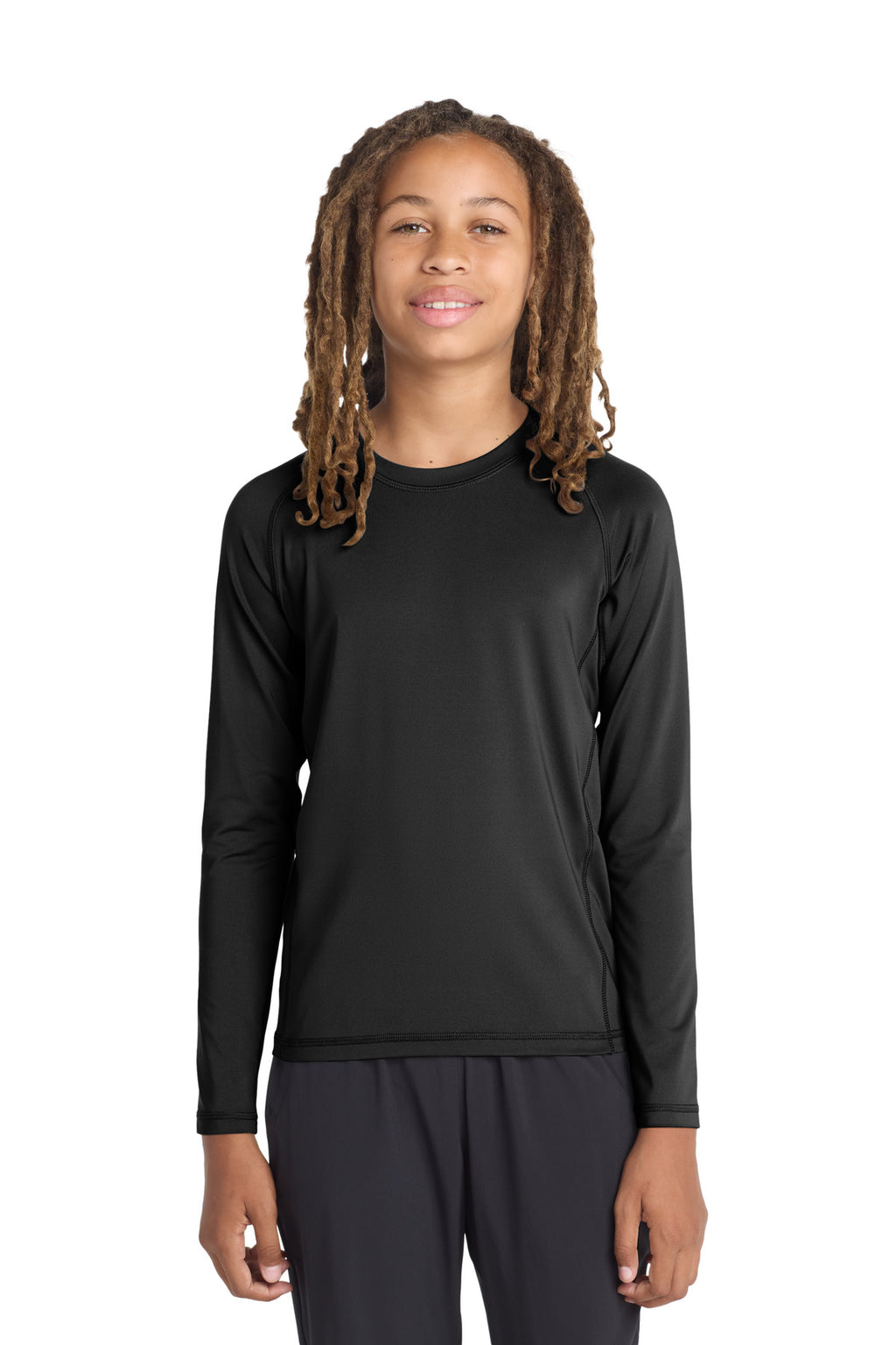 Sport-Tek Youth Long Sleeve Rashguard Tee. YST470LS - Black - front