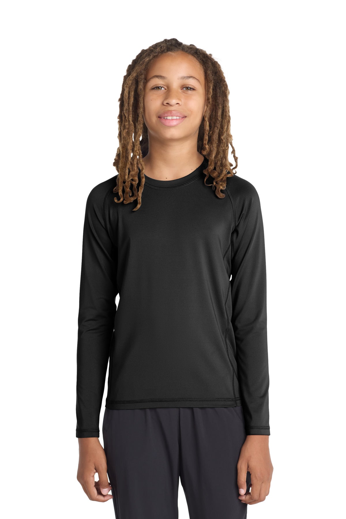 Sport-Tek Youth Long Sleeve Rashguard Tee. YST470LS - Black - front