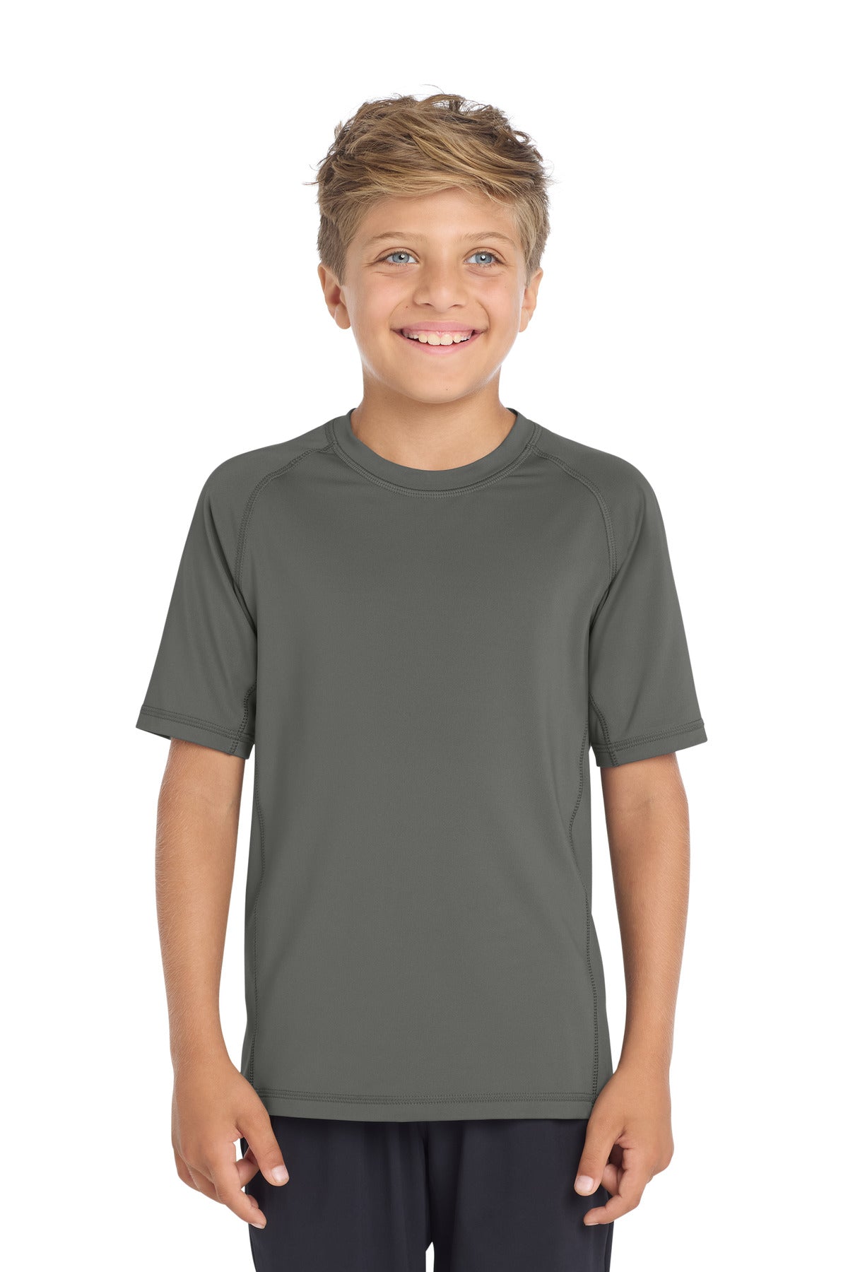 Sport-Tek Youth Rashguard Tee. YST470 - Dark Smoke Grey - front