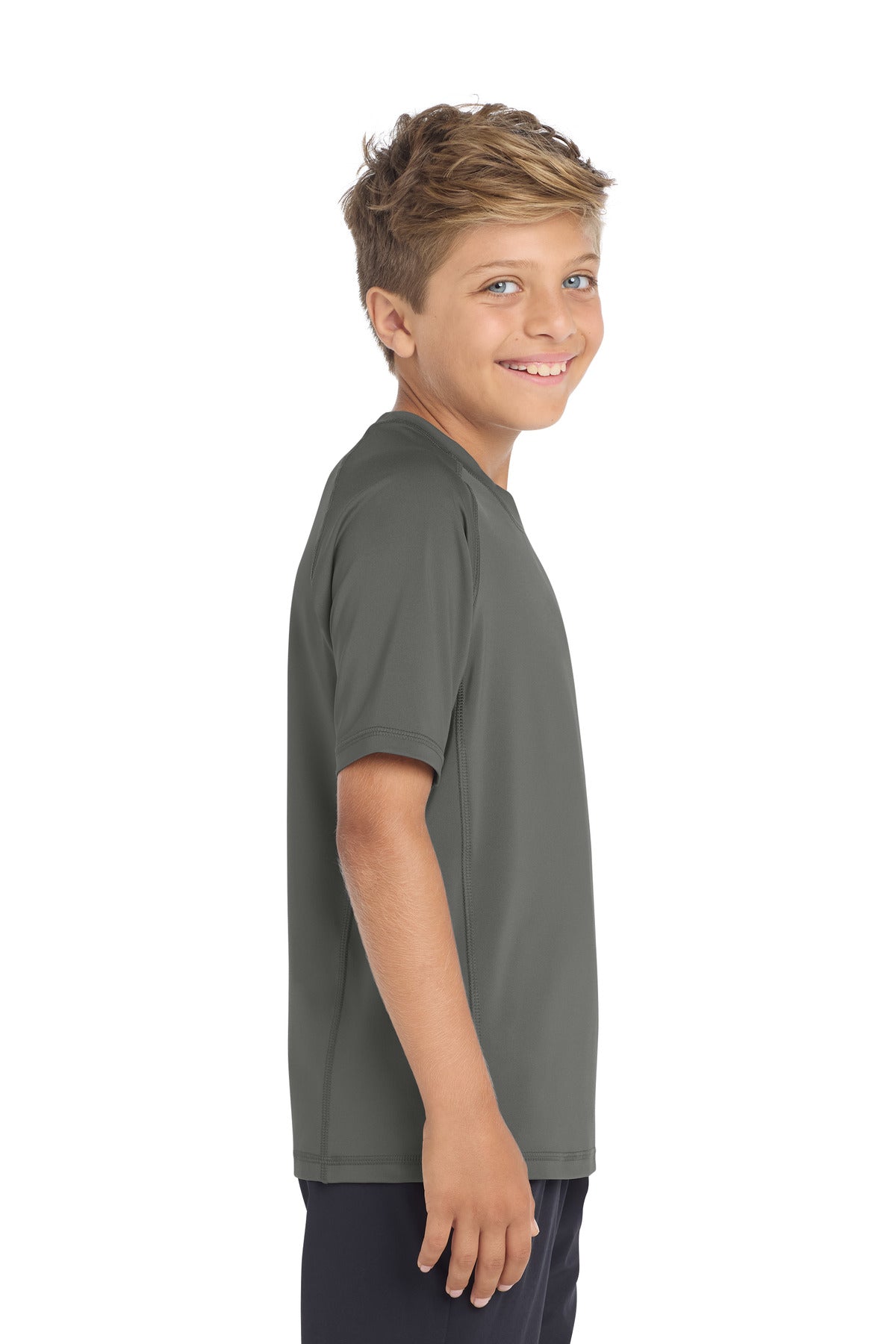 Sport-Tek Youth Rashguard Tee. YST470 - Dark Smoke Grey - side